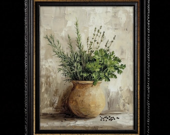 Rustic Still Life Painting of Kitchen Herbs and Pottery Art Print for Vintage Decor