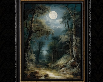 May include: A painting of a moonlit forest scene with a full moon in the sky. The trees are dark and the ground is covered in shadows. A path leads through the forest.