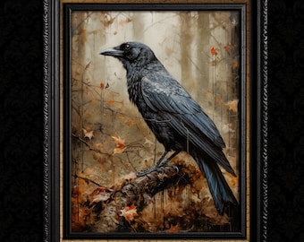May include: A black crow perched on a branch in a misty forest. The crow is facing left and has a dark, wet appearance. The background is a blurry forest scene with brown leaves and branches.
