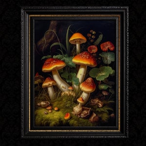 Mushroom Decor Wall Art, Mushroom Decor, Botanical, Dark Academia Antique Oil Painting Print