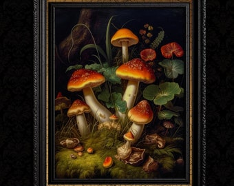 Könnte beinhalten: Ein gerahmtes Gemälde, das ein Stillleben mit einer Gruppe roter und orangefarbener Pilze mit weißen Stielen zeigt, die in einer moosigen Waldlandschaft wachsen.