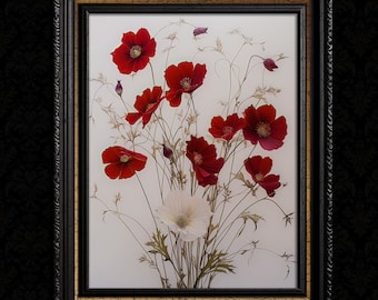 Vintage Floral Wall Decor Print - Red Wildflowers