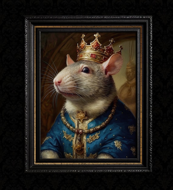 Painting of a rat king wearing a crown and robes