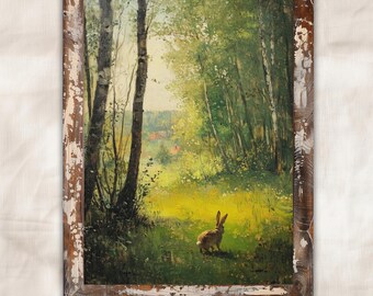 Landscape Painting of Vintage Bunny Rabbit Art Print for Spring Decor