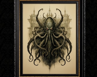 May include: A framed art print featuring a dark, tentacled creature with glowing red eyes centered in front of a faint, architectural building outline. The creature has a textured, organic appearance with numerous downward-reaching tentacles.