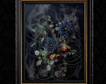 May include: A framed still life photograph of a bouquet of dark blue flowers with red berries and spiderwebs on a dark blue background.