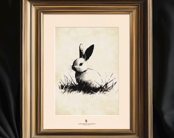 May include: Black and white illustration of a rabbit sitting in tall grass. The image is framed in a gold frame.