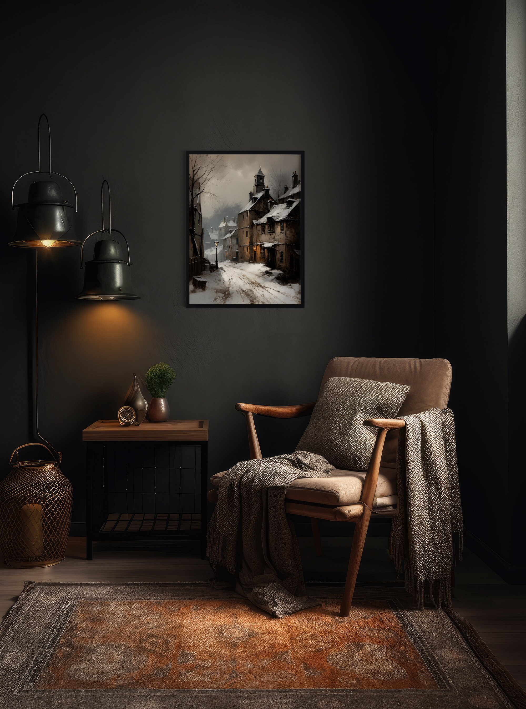 Moody Vintage Village Wall Decor Print Etsy