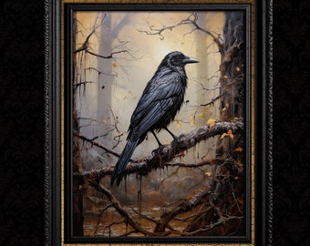 May include: A framed wall art piece featuring a black raven perched on a mossy, textured tree branch. The background depicts a misty, golden-toned forest with bare trees and scattered yellow leaves. The artwork is enclosed in a black ornate frame.