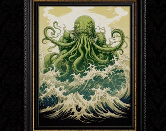 May include: A framed illustration of a green, tentacled creature emerging from a large wave. The creature has a menacing expression and is surrounded by swirling water.