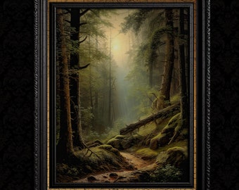 May include: A painting depicting a forest scene with a path leading into the woods. The trees are tall and green, and the sun is shining through the leaves. The path is covered in moss and leaves.