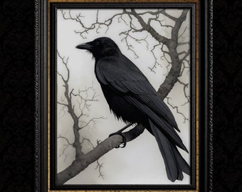 May include: A black crow perched on a bare branch in a framed watercolor painting. The background is a light gray with a subtle texture. The crow is facing to the right and has its wings folded.