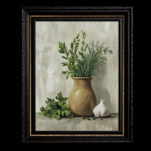 Rustic Still Life Painting of Herbs and Pottery Art Print for Vintage Decor