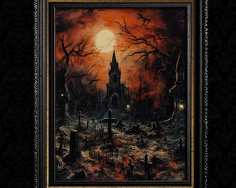 May include: A framed painting depicting a dark, gothic cemetery at night under a large, glowing moon. The scene features a tall, pointed church spire, bare, twisted trees, and numerous grave markers set against a deep, fiery red sky.