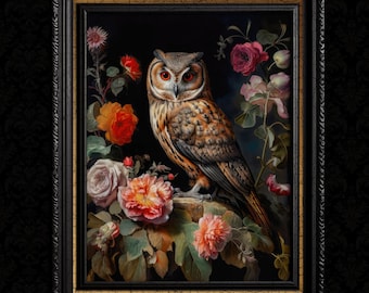 Vintage Flowers and Owl Wall Art Print