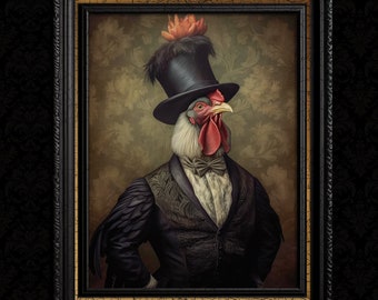 Op de afbeelding: Een ingelijst portret van een haan in formele kleding. De haan draagt een zwarte hoge hoed, een vlinderdas en een vest met patroon over een wit overhemd. De achtergrond heeft een bloemenpatroon.