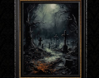 May include: A dark, moody painting of a graveyard at night. The scene is lit by a full moon and features a path leading through the cemetery. There are many tombstones and crosses, and the trees are bare and skeletal.