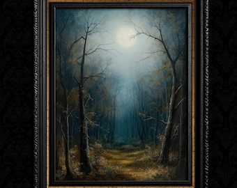 May include: A framed oil painting depicting a moonlit forest path. The path winds through a dense forest of trees with bare branches. The moon is visible in the sky, casting a soft glow on the scene.