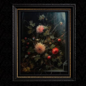 Gothic Floral Wall Art, Flowers and Spiderweb, Moody Aesthetic, Botanical Antique Oil Painting, Dark Academia Decor, Black Background