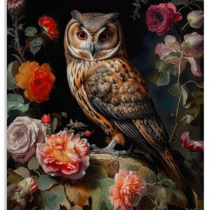 Vintage Flowers and Owl Wall Art Print - Etsy