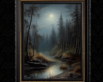 May include: A framed painting depicting a moonlit forest scene with a winding river in the foreground. The trees are silhouetted against the night sky, and the moon is visible in the upper center of the painting.