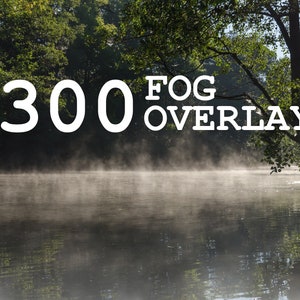 Może przedstawiać: Sceniczny widok rzeki z mgłą, z drzewami po obu stronach. Na obrazie nałożony jest tekst "300 FOG OVERLAYS".