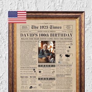 100歳の誕生日新聞ポスター、印刷可能な100歳の誕生日パーティーの装飾、おばあちゃんおじいちゃんの誕生日、誕生日ポスターニュースとハイライト1925年米国