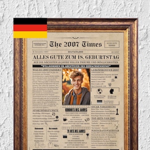 18. Geburtstagszeitung Poster, Personalisierte Deko zum 18. Geburtstag,Zeitungsposter mit Nachrichten & Highlights aus 2007, Deutsche Version