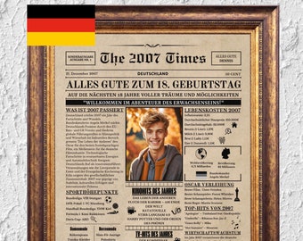 18. Geburtstagszeitung Poster, Personalisierte Deko zum 18. Geburtstag,Zeitungsposter mit Nachrichten & Highlights aus 2007,Deutsche Version