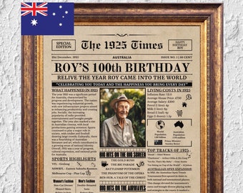 100th Grandparents Birthday Gift,100th Birthday Gift For Mom or Dad,Printable Birthday Decoration,1925 Poster,Old Newspaper Design,AUSTRALIA