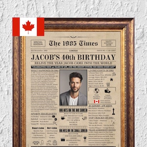 Druckbare 40. Geburtstag Party Dekoration, 40. Geburtstag Geschenk für Mann oder Frau, 1985 Poster, alte Zeitung Design Dekoration CANADA Version