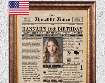 18th Birthday Newspaper Sign, 18th Printable Birthday Poster, 18th Birthday Gift for Girls and Boys, Back in 2007, 18th Birthday Decoration