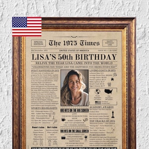 50th Birthday Newspaper Poster Custom, Printable 50th birthday Party Decor, Birthday Poster Containing News & Highlights from 1975 in USA