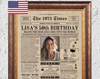 50th Birthday Newspaper Poster Custom, Printable 50th birthday Party Decor, Birthday Poster Containing News & Highlights from 1975 in USA