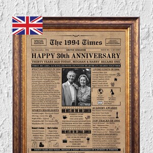 May include: A vintage newspaper-style anniversary print with a photo of a couple and a headline that reads "Happy 30th Anniversary". The print lists events and news from the year 1994, including top movies, music, and sports.