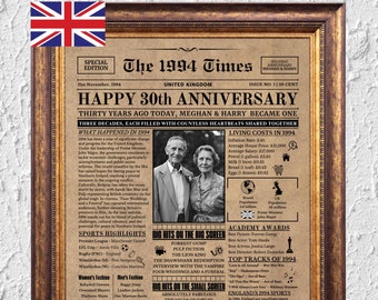 30th Anniversary Gift For Parents, 30th Anniversary Gift For Husband Or Wife, Custom Printable Newspaper Anniversary Party Decor, UK version