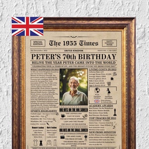 Regalo de cumpleaños número 70 para los abuelos, regalo de cumpleaños número 70 para mamá o papá, 1955, diseño de periódico vintage del Reino Unido, decoración de fiesta imprimible, versión de Inglaterra