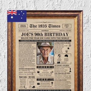 90th Grandparents Birthday Gift, 90th Birthday Gift For Mom or Dad,Printable Birthday Decoration,1935 Poster, Old Newspaper Design,Australia
