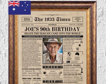 90th Grandparents Birthday Gift, 90th Birthday Gift For Mom or Dad,Printable Birthday Decoration,1935 Poster, Old Newspaper Design,Australia