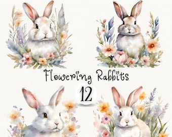 Bunnies Clipart, Watercolor Floral Rabbit Clipart, Nursery Spring Clipart, Floral Clipart, Spring Bunnies, Nursery,Rabbit Clipart,Watercolor