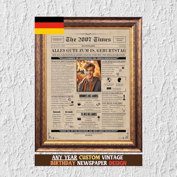 18. Geburtstagszeitung Poster, Personalisierte Deko zum 18. Geburtstag,Zeitungsposter mit Nachrichten & Highlights aus 2007,Deutsche Version