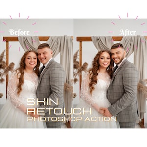 May include: Before and after photo of a couple in wedding attire. The photo on the left shows the couple before skin retouching, and the photo on the right shows the couple after skin retouching. The text "SKIN RETOUCH PHOTOSHOP ACTION" is displayed in gold letters.