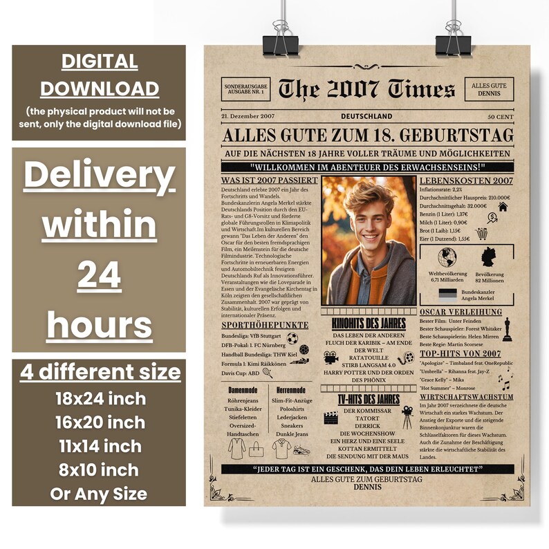 18th Party Decor,19. Geburtstagszeitung Poster, 20., Personalized Gift, 18 Year Birthday, Printable Poster, 18th Birthday Gift, 18th Birthday Sign, Dad Gift, Mom Gift, 18th Birthday Ideas,Birthday Newspaper,Back in 2006,18. Geburtstagszeitung Poster