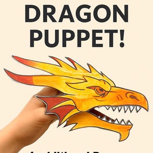 Peut inclure: Une tête de marionnette de dragon dessinée à la main, aux couleurs vives, jaune, orange et rouge. L'image comprend le texte "MAKE YOUR OWN DRAGON PUPPET!" et "4 additional Dragon Head Models!" sur fond beige clair.