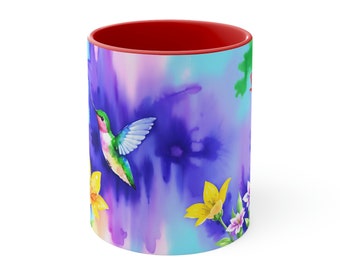 Watercolor Hummingbird and Flowers Accent Coffee Mug, 11oz