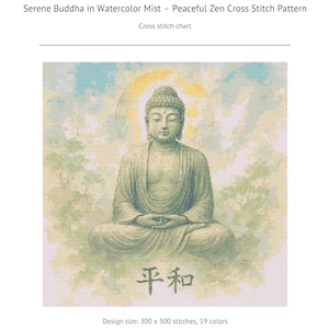 May include: A cross-stitch chart titled "Serene Buddha in Watercolor Mist." The image features a seated Buddha in a meditative pose, rendered in soft greens and yellows against a watercolor background. The Japanese characters for "peace" are at the bottom.