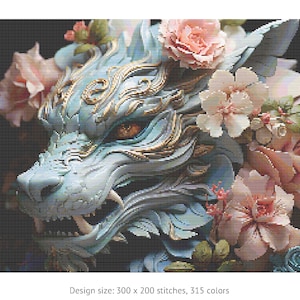 Japanese Dragon with Pink Flowers (Digital PDF Cross Stitch Pattern)