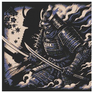 May include: A black and white illustration of a samurai warrior in full armor, holding two swords. The warrior is surrounded by clouds and a cherry blossom branch.