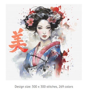 May include: A watercolor painting of a woman in a traditional Japanese kimono with a floral design. The woman has dark hair and is wearing a red and blue kimono. The background is a light blue and white watercolor wash. The word "美" is written in red on the left side of the image.