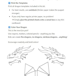 May include: Printable dragon templates for kids. The image shows instructions for printing and coloring dragon templates. Includes two dragon head outlines and a geometric shape. Text encourages creativity and bold colors.
